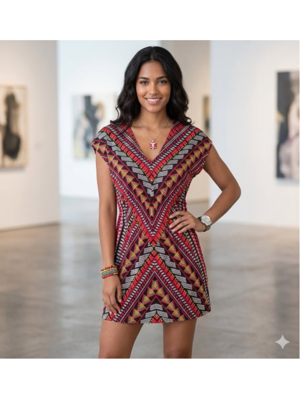 BECCA Red Black Geometric Mini Dress S